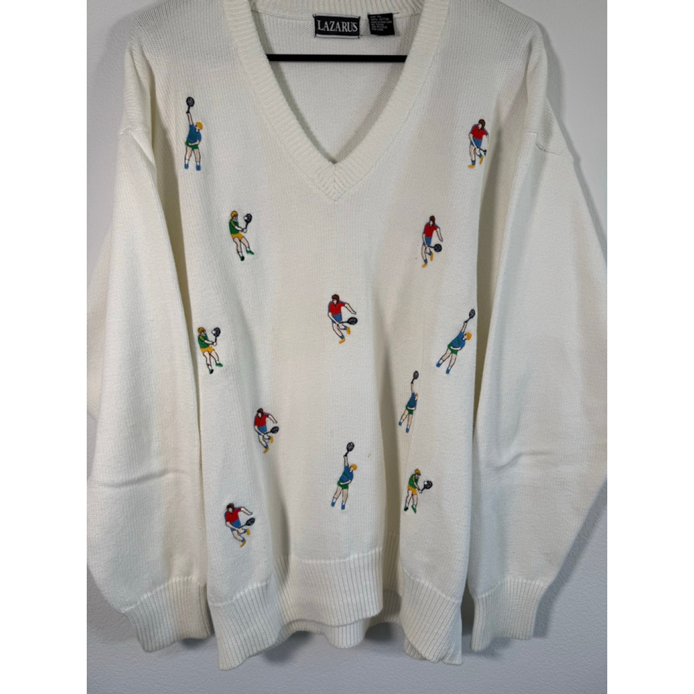 Men's‎ LAZARUS V-Neck Sweater XL White with Tennis Player Embroidery - Picture 2 of 10